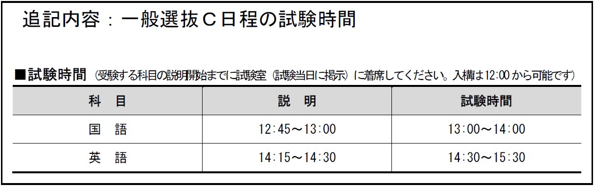 学生募集要項の一般選抜Ｃ日程の試験時間の記載漏れについて